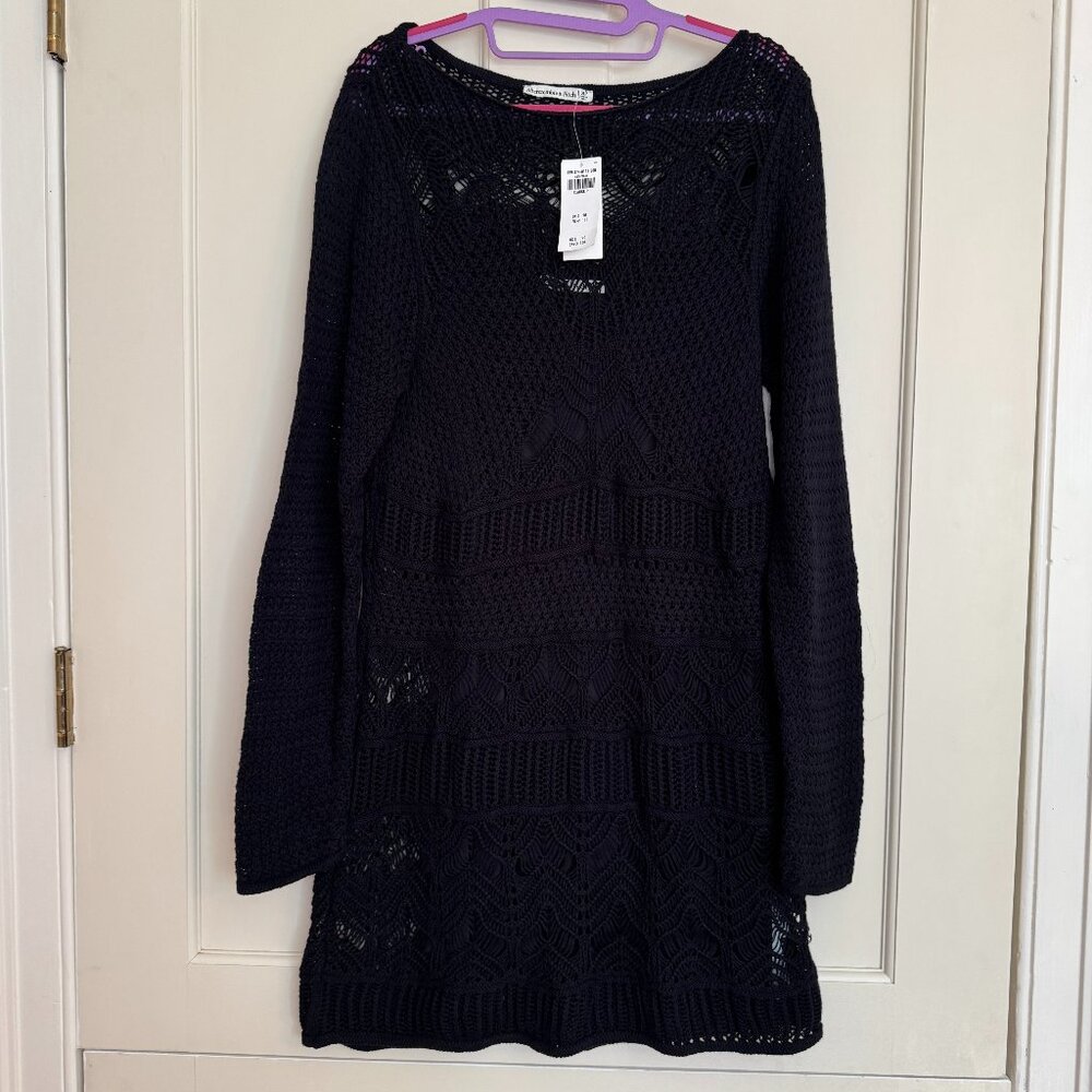 Abercrombie & Fitch Crochet Knit Long Sleeve Mini Dress Black Size XLP NWT